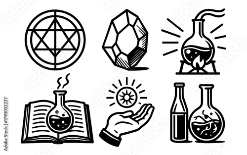 Alchemy and science icons: geometric symbols with chemical elements in bold black and white style