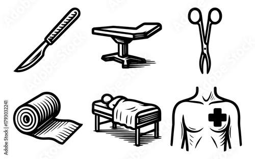 Medical tools icons: scalpel, hospital bed, bandage roll, surgical equipment in bold style