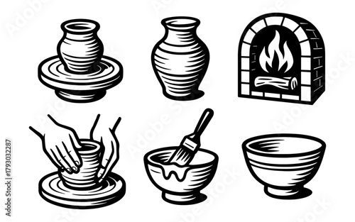 Handcrafted pottery icons: crafting process and finished vessels in bold style