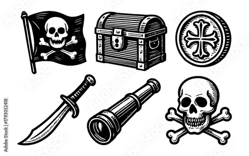 Retro pirate symbols: treasure chest, skull and crossbones, cutlass, and telescope