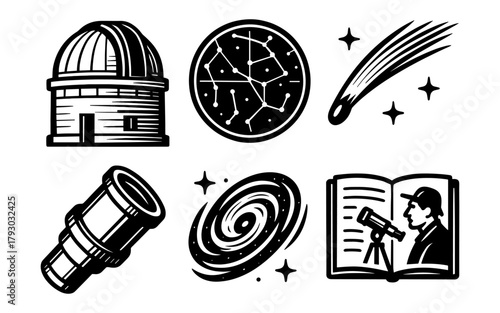 Retro astronomical elements featuring telescope, constellations, and observatory