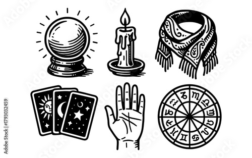 Mystical symbols: crystal ball, candle, tarot, hand, zodiac in black and white