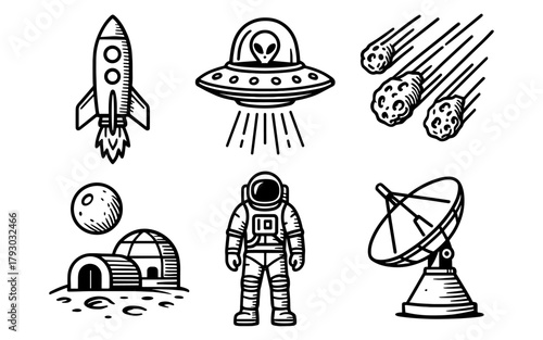 Space exploration icons featuring rockets, ufos, and astronauts in retro style