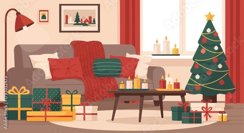 Festive Christmas Living Room with Tree and Gifts.