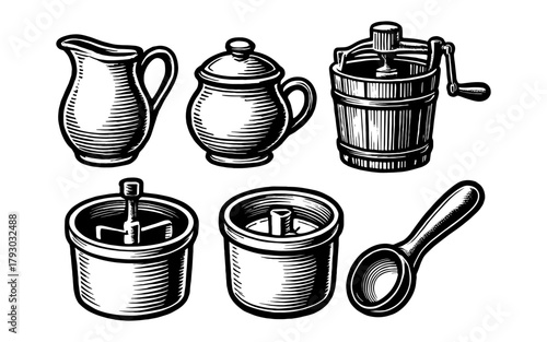 Vintage kitchen utensils set in engraved style featuring jug, sugar bowl, wooden churn, butter mold, and scoop