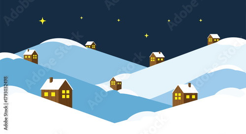 Winter Village Scene with Snow-Covered Houses and Starry Night.