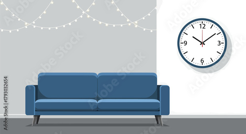 Blue Sofa in a Room with a Clock on the Wall.