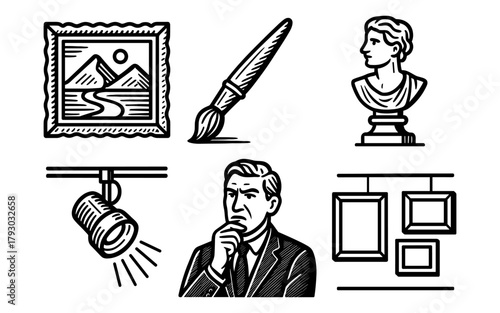 Art gallery icons: sculpture, frame, and creative tools in modern design