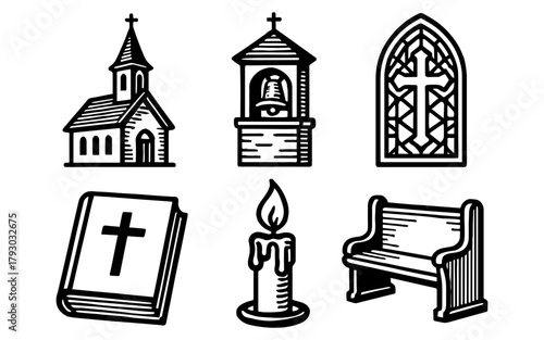 Church elements collection: cross, bible, candle, and architecture icons