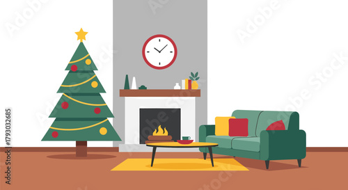 Cozy Christmas Living Room with Tree and Fireplace Illustration.