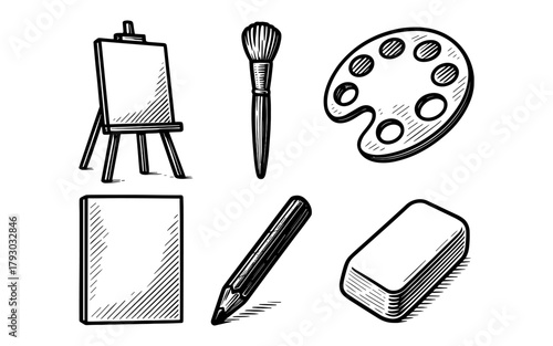 Hand drawn art supplies collection: easel, brush, palette, canvas, pencil, eraser in sketch style