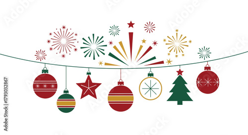 Festive Christmas Ornaments and Decorations Hanging on a String.