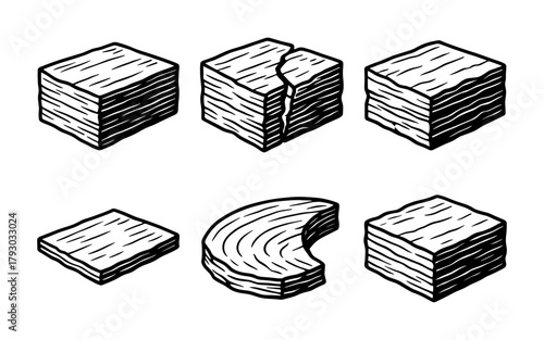 Hand drawn wood blocks with textured grains and cracks in black and white