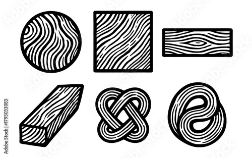 Abstract monochrome woodgrain patterns: circular, square, rectangular, and knot designs