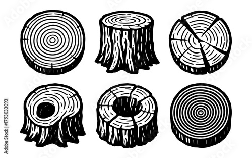 Set of hand drawn tree stumps and wood rings