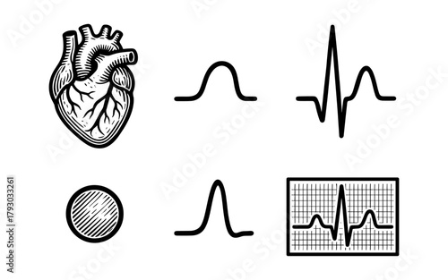 Medical heartbeat line art with anatomical heart and ecg graph elements