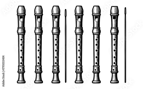 Vintage recorder instruments pattern with detailed woodwind design in black and white