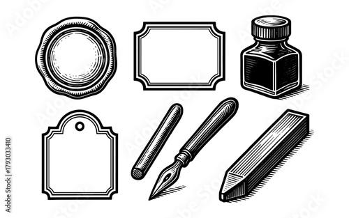 Vintage engraving set with labels, inkwell, pen, and wax seal elements