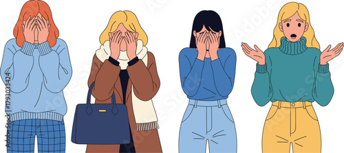 Illustration of women expressing shock, embarrassment, and surprise with emotional hand gestures, perfect for reaction concepts, social media, storytelling, and expressive vector designs.