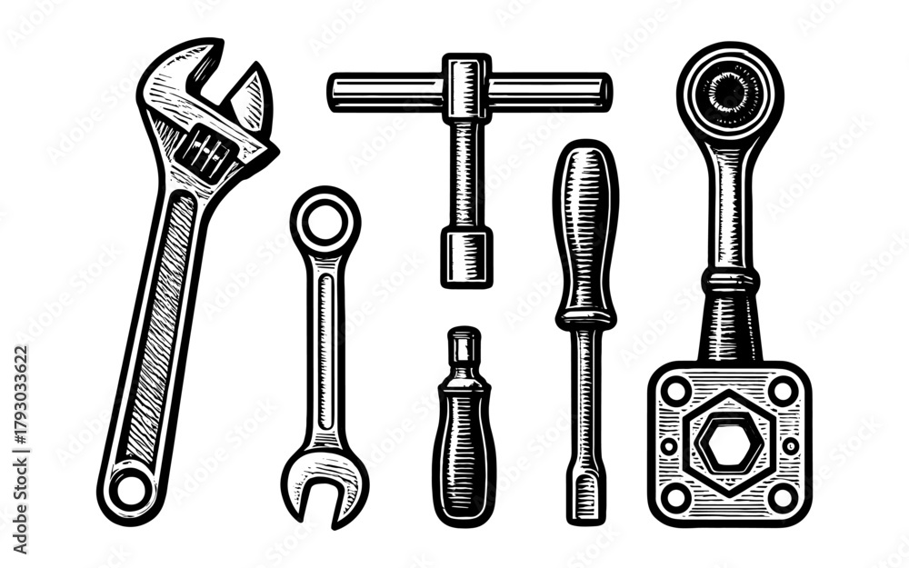 Fototapeta premium Vintage hand-drawn mechanical tools set for diy projects and workshops