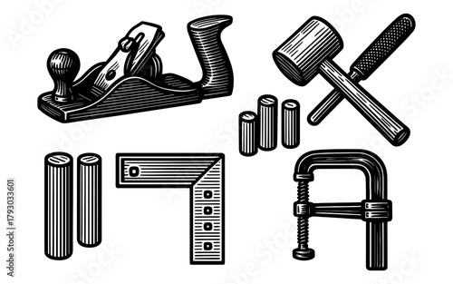 Vintage woodworking tools set: hammer, mallet, plane in black and white engraving style
