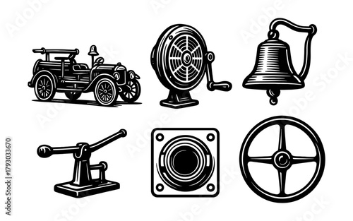 Retro style icons collection featuring vintage objects and mechanical elements