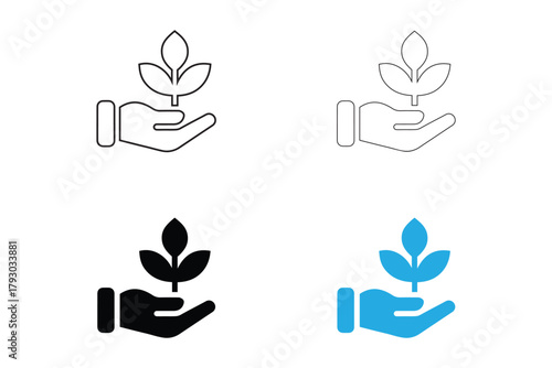 hand holding a plant vector icon set, nature ecology environment vector silhouette and line art