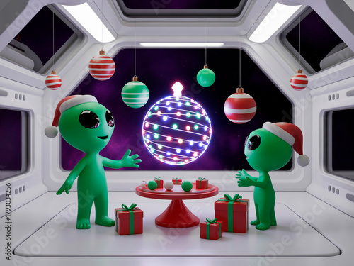 Two aliens in Santa hats exchanging gifts in a spaceship decorated with Christmas ornaments