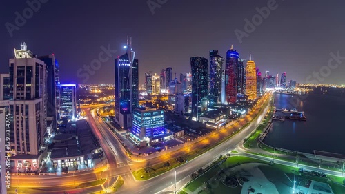 Wallpaper Mural Aerial Night Time Lapse of Doha Qatar Cityscape and Traffic. Torontodigital.ca
