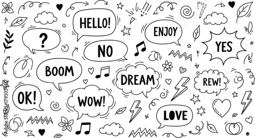 Doodle Speech Bubbles with Words and Design Elements, Outline Style on White Background