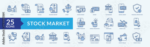 Stock market icon collection set with profit, investment, money, statistics