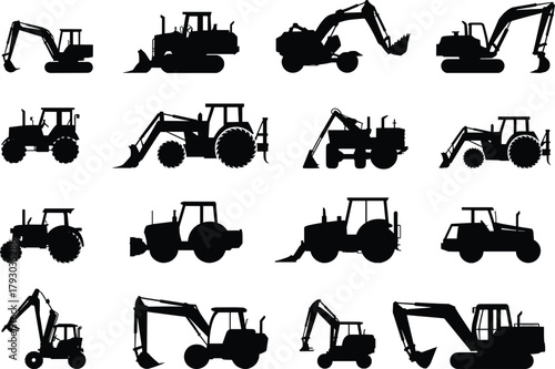 Silhouettes of construction vehicles, agricultural machinery, excavators, tractors, loaders, bulldozers, farming equipment, industrial machines, heavy-duty tools, engineering transport icons