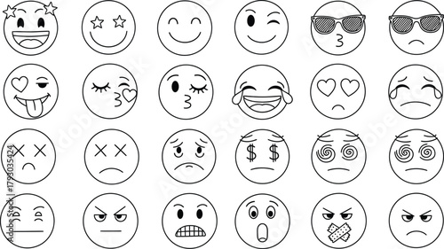 Emoji Line Art Set, Cute Black and White Face Icons with Transparent Background