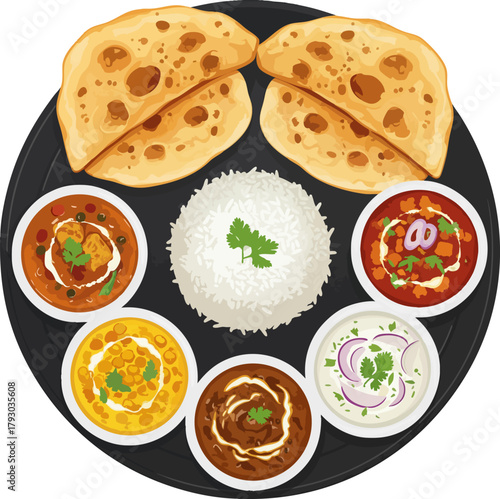 Indian Thali Meal Detailed Vector Illustration with Curries and Naan