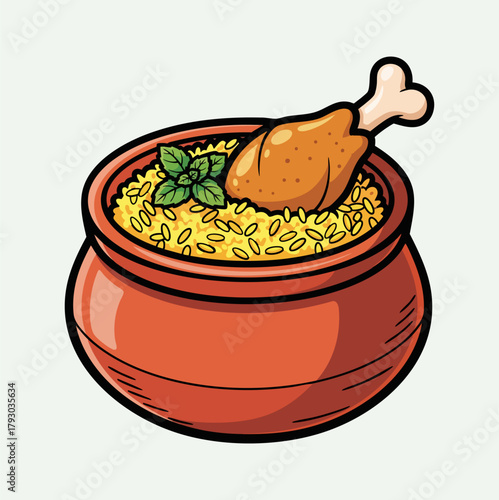 Chicken Biryani or Mandi Rice Detailed Vector Illustration Top-Down View