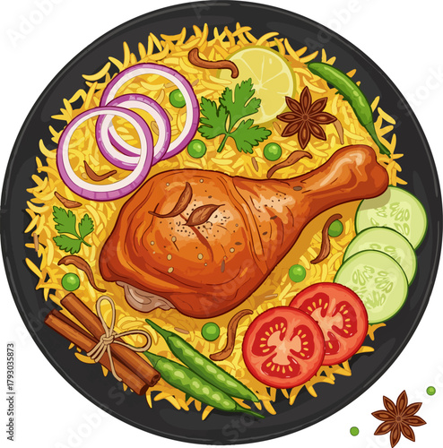 Chicken and Biryani Rice in Clay Pot Cartoon Vector Illustration