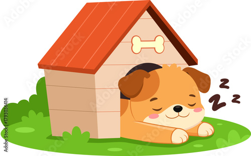 Cute Puppy Dog Cartoon Character Sleeping In Dog House - Vector Illustration Flat Design Isolated On Transparent Background