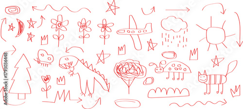 Whimsical red line drawings of abstract figures and objects collection of playful, abstract red line drawings featuring figures, trees, and various whimsical shapes scattered across a white background