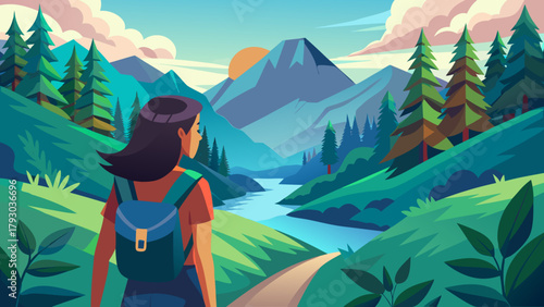 Lush eco-travel expedition in bold flat vector style with gentle gradients