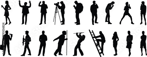 Silhouettes of diverse people, camera operator, martial artist, musician, worker, photographer, secret talk, ladder climber, rifle holder, urban poses