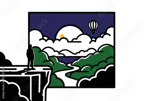 Dreamy landscape with silhouette admiring scenic view, vector art