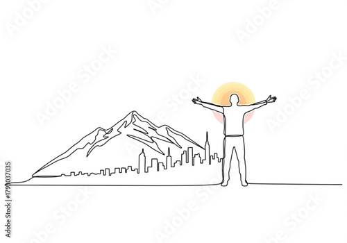 Man celebrates achievement with arms outstretched against mountain and cityscape