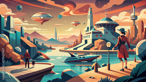 Time Warp coastal travel scene in retro-futurist vector style with neon glow