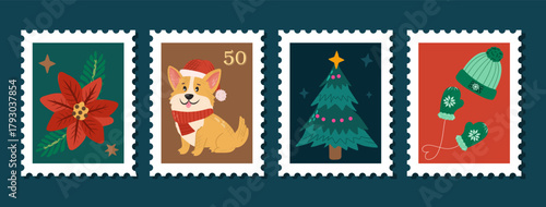 Christmas postage stamp set with poinsettia, corgi, Christmas tree, hat and mittens. For greeting cards, postal themes, scrapbooking, stickers, labels and web banners.