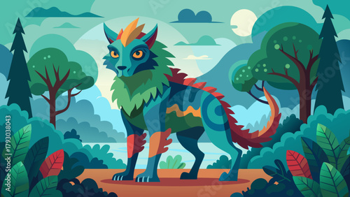 Bio-hybrid creature in a forest: a cohesive flat-vector fantasy design
