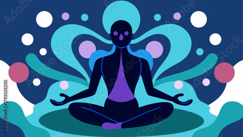 Organic flows around a mindful figure in soft extractive shapes, minimal vector mood