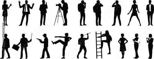 Silhouettes of people, camera operator, martial artist, traveler, teacher, soldier, umbrella holder, ladder climber, urban poses, diverse actions