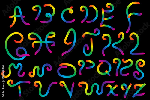 Colorful Line English alphabets set with Gradient. Abstract Wavy Shapes English alphabets on black Background. 3D Rainbow Color