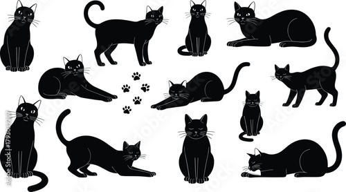 Set of black cat silhouettes in various poses with paw prints, perfect for Halloween themes, pet designs, decorative patterns, and animal vector artwork.
