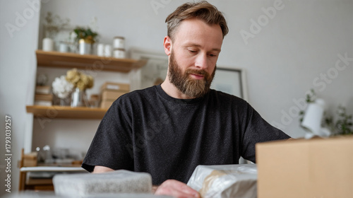 Small online store owner packing orders.